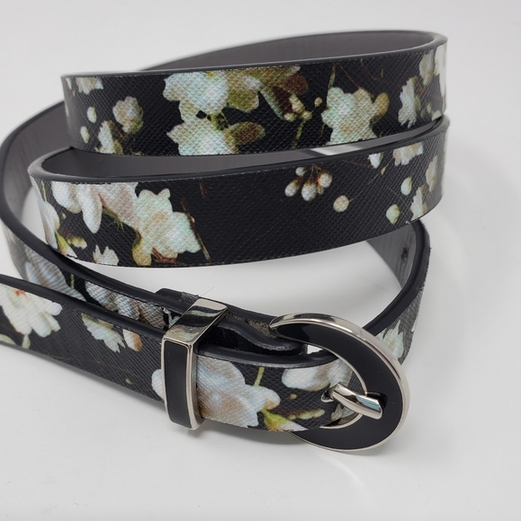 KENNETH COLE REACTION SET OF 2 SKINNY BELTS PEACOCK BLUE BLACK FLORAL WOMEN M - Picture 3 of 15